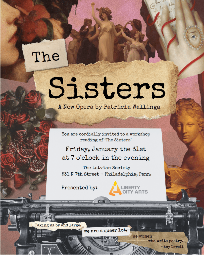 January 31, 2025 @ 7:00PM
The Latvian Society 
The poet Amy Lowell, plagued with self-doubt at her work, ponders the difficulties of being a female poet. She imagines herself going back in time to meet three of her predecessors: Sappho, Elizabeth Barrett Browning, and Emily Dickinson...