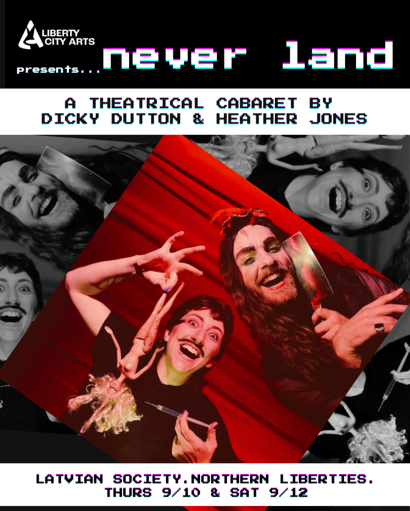 📅 Thursday, September 10, 2026 @ 7:30PM
📅 Saturday, September 12, 2026 @ 8:00PM
The Latvian Society - 531 N 7th Street
Revisit the curiosity, mischief, and confusion of childhood in this drag cabaret based on themes of queer escapism found in Peter Pan. Performance artists Dicky Dutton and Heather Jones explore the gender binary of mother versus pirate and the conflicts that arise if anyone should try to outgrow those extremes.